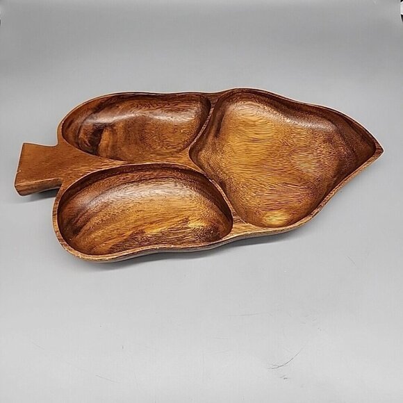 Philippines Hand Carved Leaf Divided 3 Section 2x8x14 Asian Wood Serving Tray - Picture 2 of 5